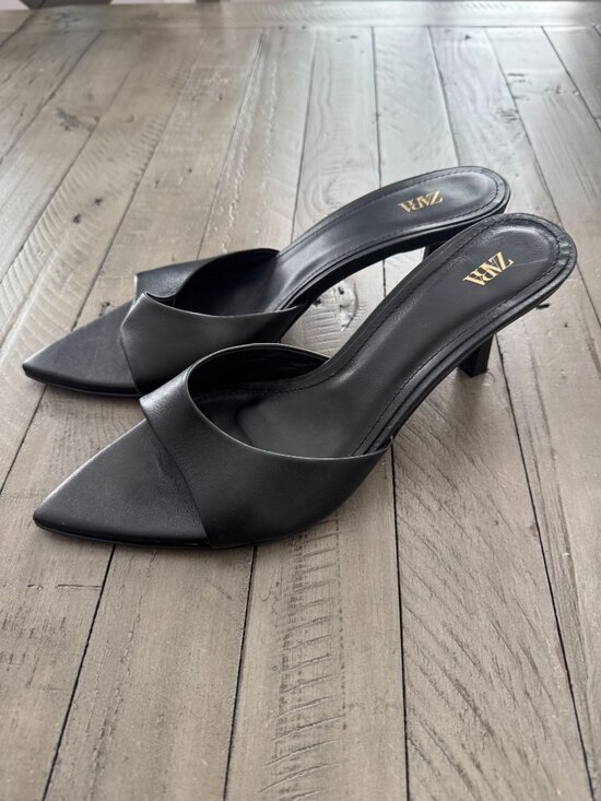 Zara Shoes - ZARA Black Leather Open Pointed Mule Heeled Sandals Size 40 10